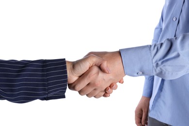 Photo of Business partners shaking hands on white background, closeup