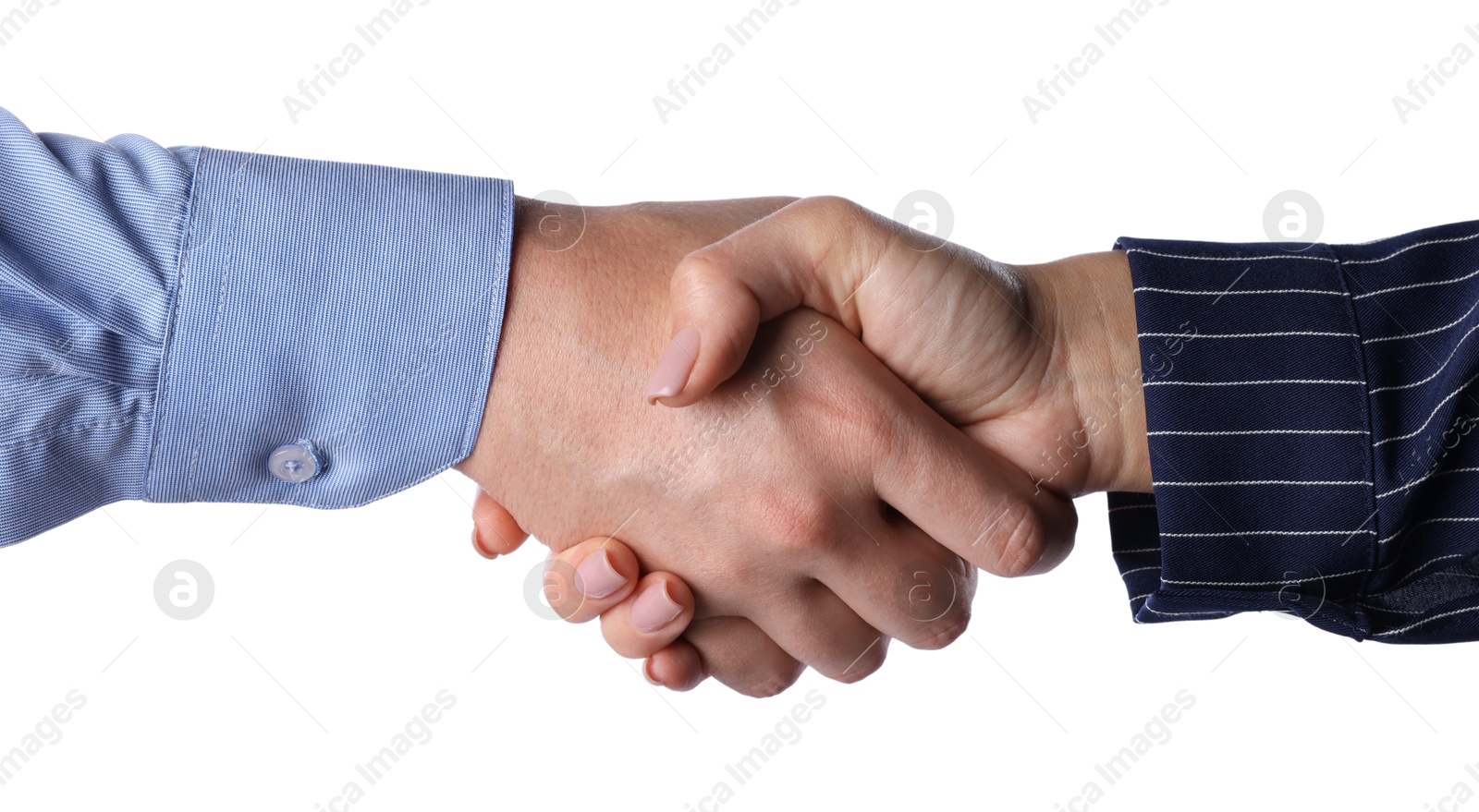 Photo of Business partners shaking hands on white background, closeup