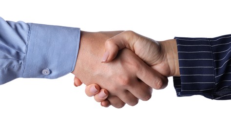 Photo of Business partners shaking hands on white background, closeup