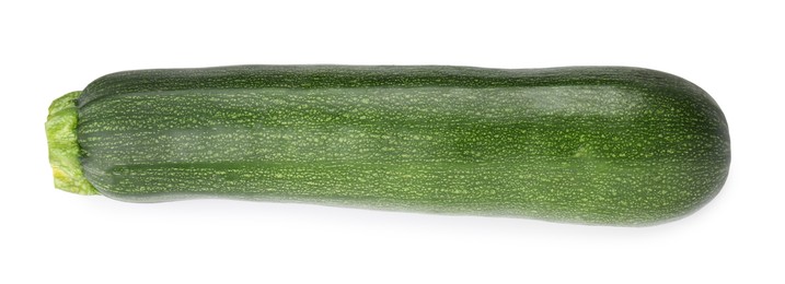 Photo of One fresh ripe zucchini isolated on white, top view