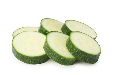 Photo of Pieces of fresh zucchini isolated on white