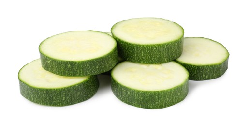 Photo of Pieces of fresh zucchini isolated on white