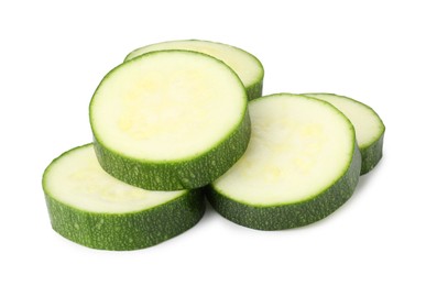 Photo of Pieces of fresh zucchini isolated on white