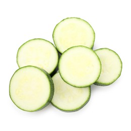 Photo of Pieces of fresh zucchini isolated on white, top view