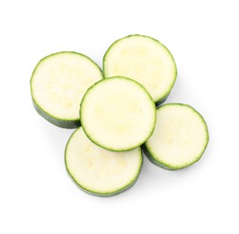Photo of Pieces of fresh zucchini isolated on white, top view