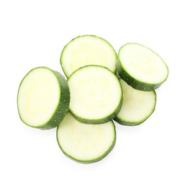 Photo of Pieces of fresh zucchini isolated on white, top view