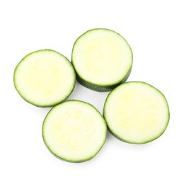 Photo of Pieces of fresh zucchini isolated on white, top view