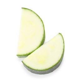 Photo of Pieces of fresh zucchini isolated on white, top view