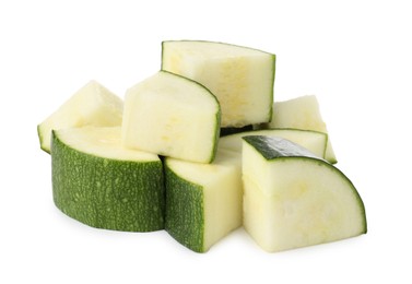 Photo of Pieces of fresh zucchini isolated on white
