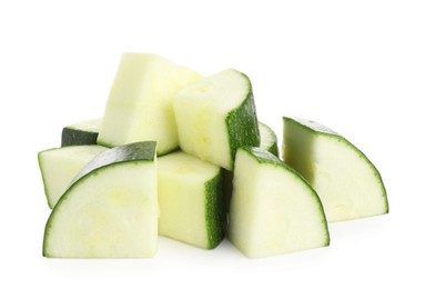 Photo of Pieces of fresh zucchini isolated on white