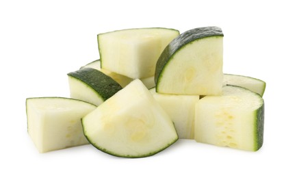 Photo of Pieces of fresh zucchini isolated on white