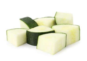 Photo of Pieces of fresh zucchini isolated on white