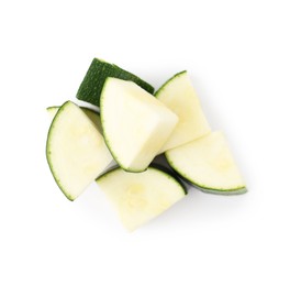 Photo of Pieces of fresh zucchini isolated on white, top view