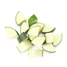 Photo of Pieces of fresh zucchini isolated on white, top view