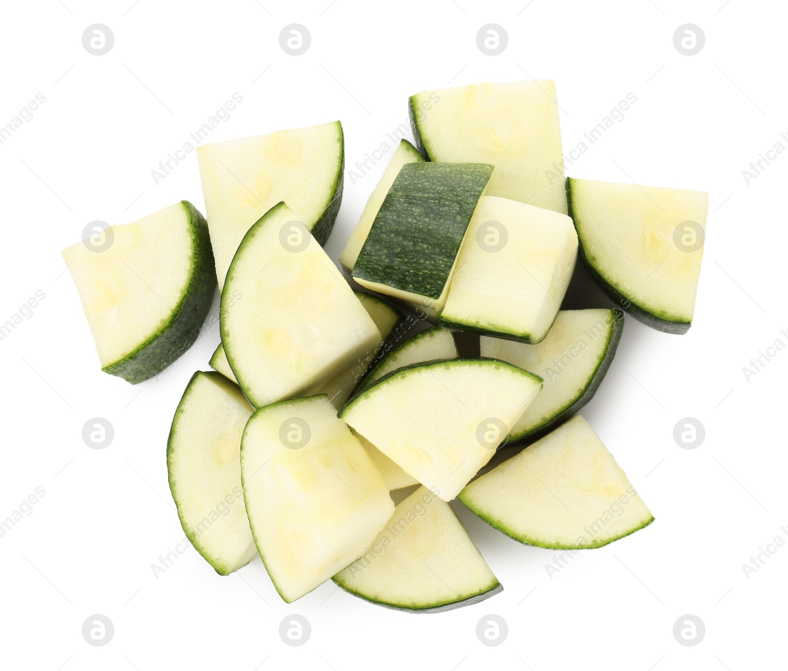 Pieces of fresh zucchini isolated on white, top view Photo of Pieces of fresh zucchini isolated on white, top view