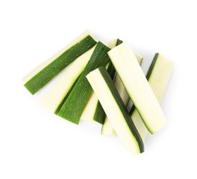 Photo of Pieces of fresh zucchini isolated on white, top view