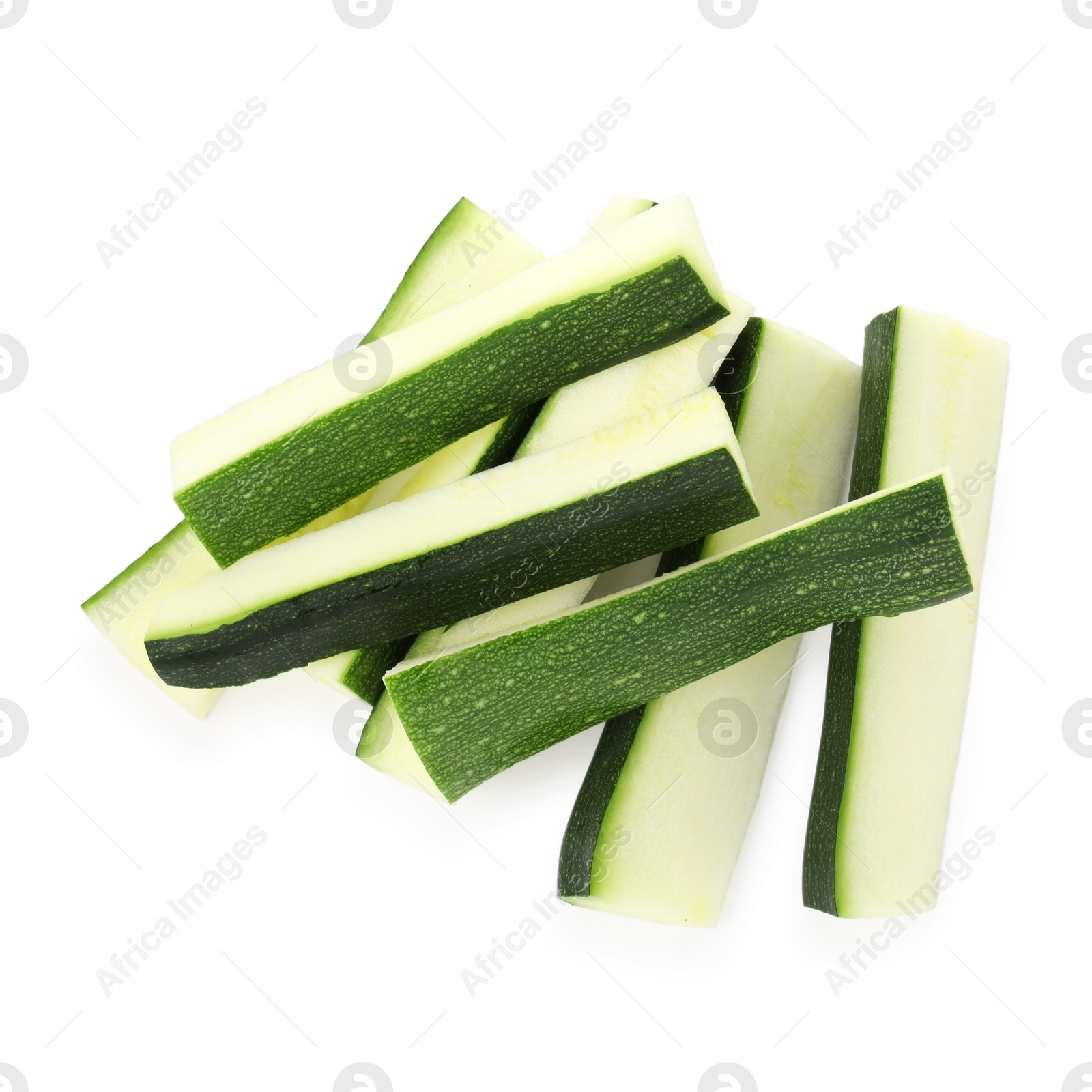 Pieces of fresh zucchini isolated on white, top view Photo of Pieces of fresh zucchini isolated on white, top view