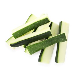 Photo of Pieces of fresh zucchini isolated on white, top view