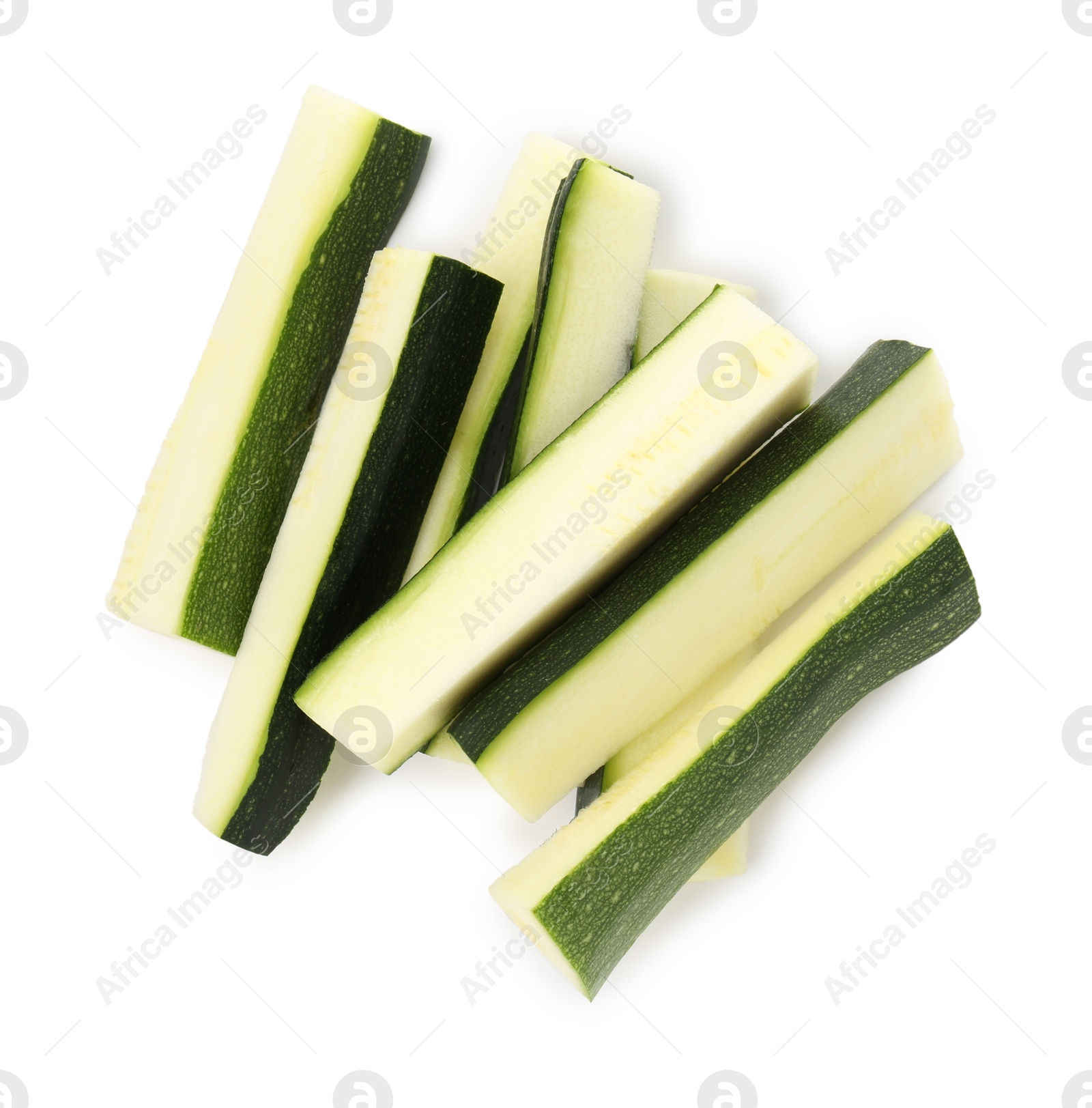 Pieces of fresh zucchini isolated on white, top view Photo of Pieces of fresh zucchini isolated on white, top view