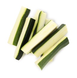 Photo of Pieces of fresh zucchini isolated on white, top view