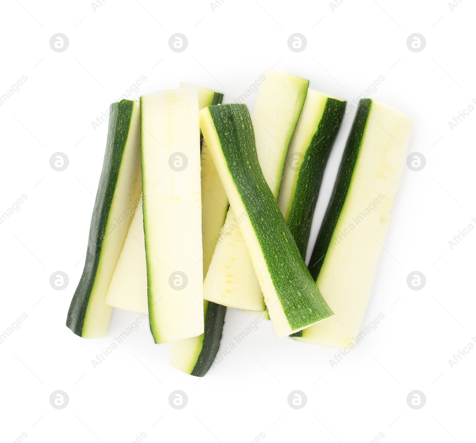 Pieces of fresh zucchini isolated on white, top view Photo of Pieces of fresh zucchini isolated on white, top view