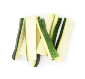 Photo of Pieces of fresh zucchini isolated on white, top view