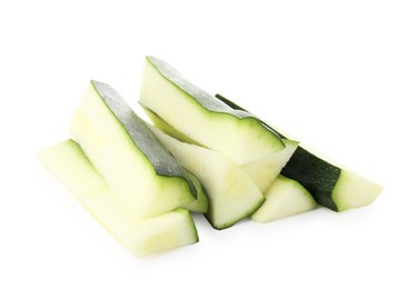 Photo of Pieces of fresh zucchini isolated on white