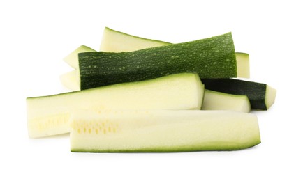 Photo of Pieces of fresh zucchini isolated on white