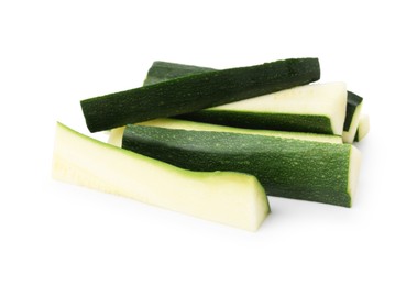 Photo of Pieces of fresh zucchini isolated on white