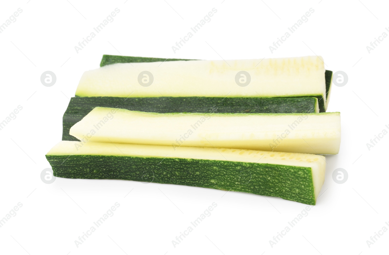 Pieces of fresh zucchini isolated on white Photo of Pieces of fresh zucchini isolated on white
