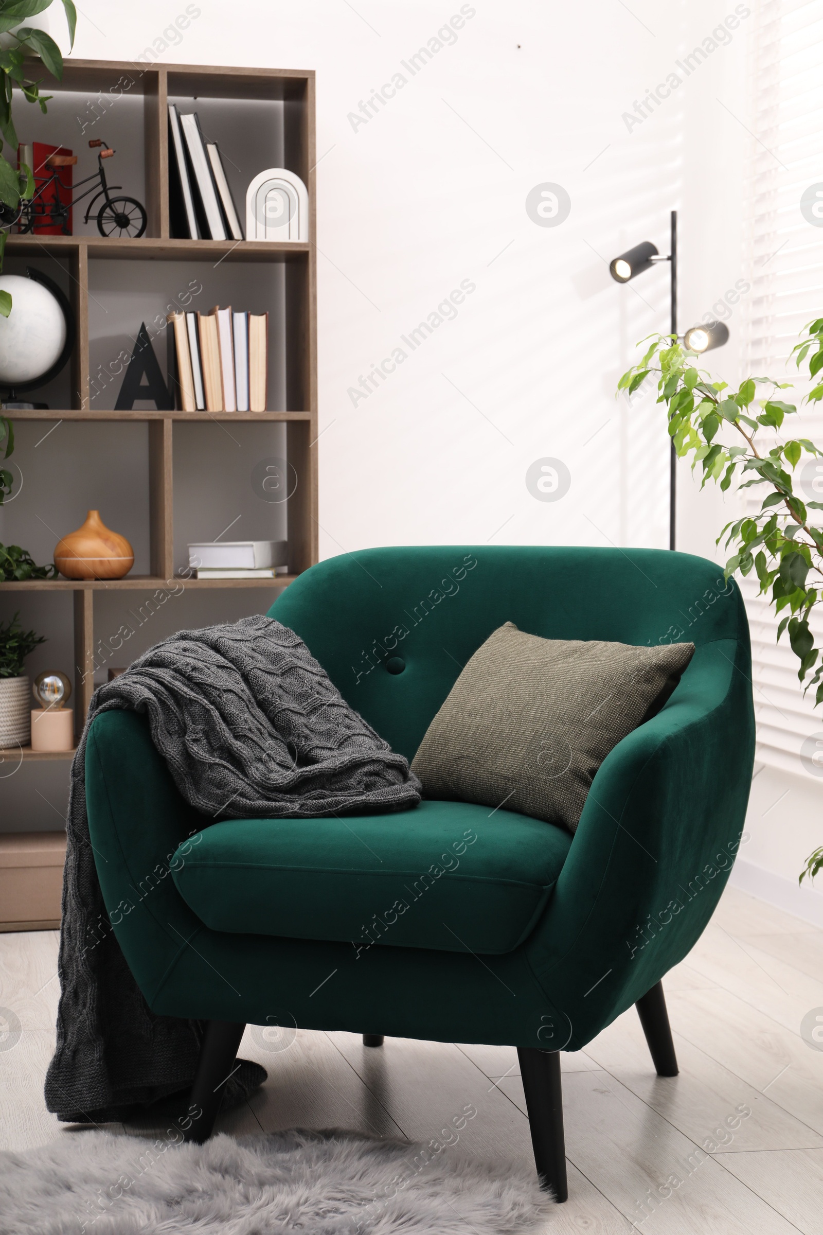 Stylish armchair with pillow and blanket indoors. Interior design Photo of Stylish armchair with pillow and blanket indoors. Interior design