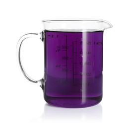 Photo of Beaker with violet liquid isolated on white