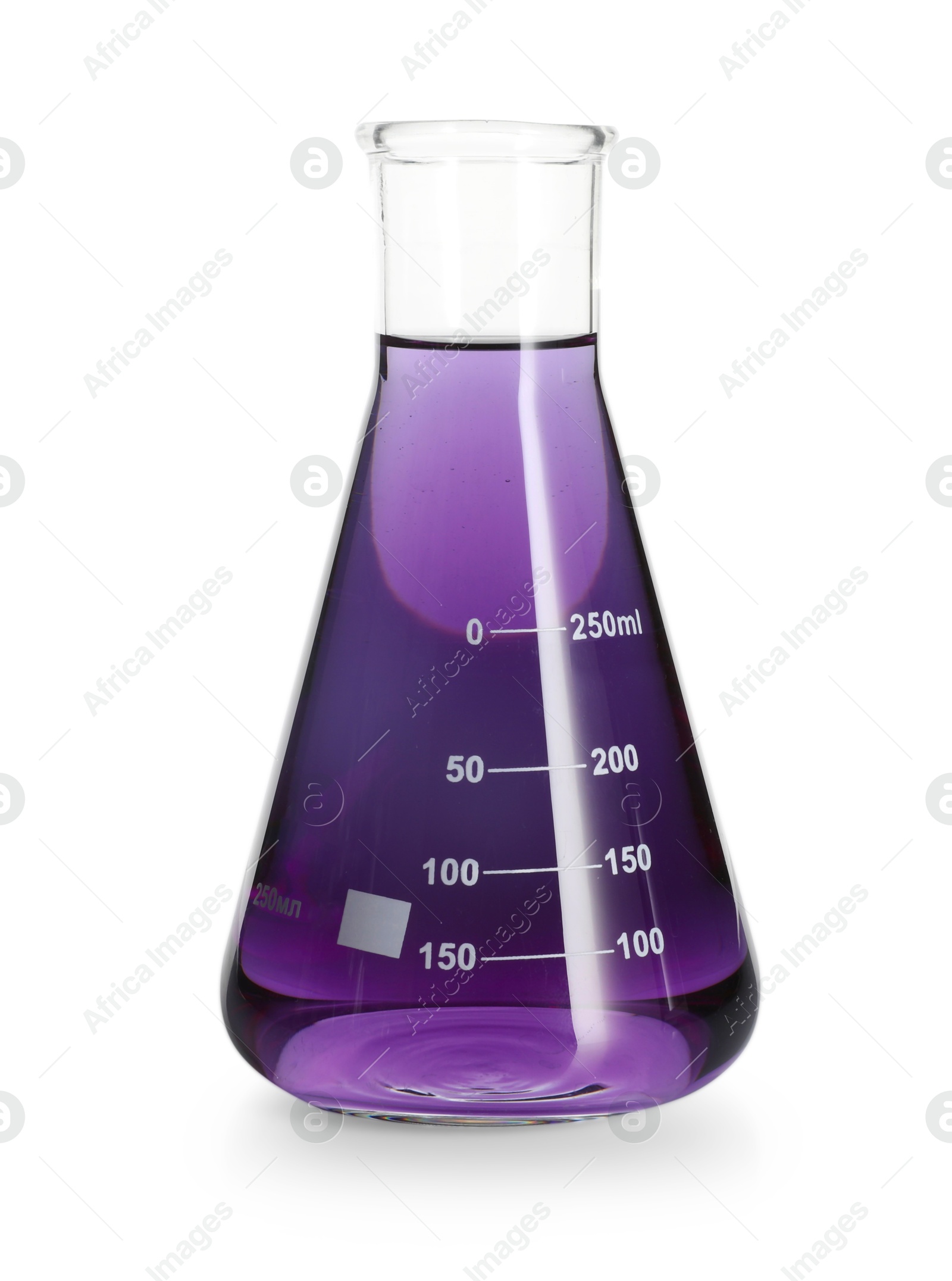 Conical flask with violet liquid isolated on white Photo of Conical flask with violet liquid isolated on white