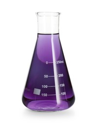 Photo of Conical flask with violet liquid isolated on white