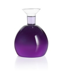 Photo of Round flask with violet liquid isolated on white