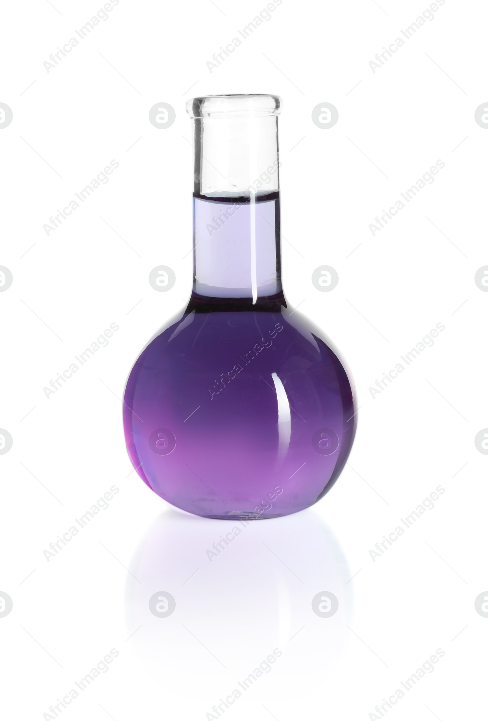 Round flask with violet liquid isolated on white Photo of Round flask with violet liquid isolated on white