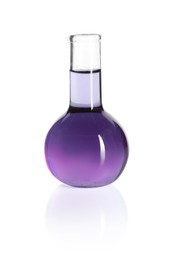 Photo of Round flask with violet liquid isolated on white