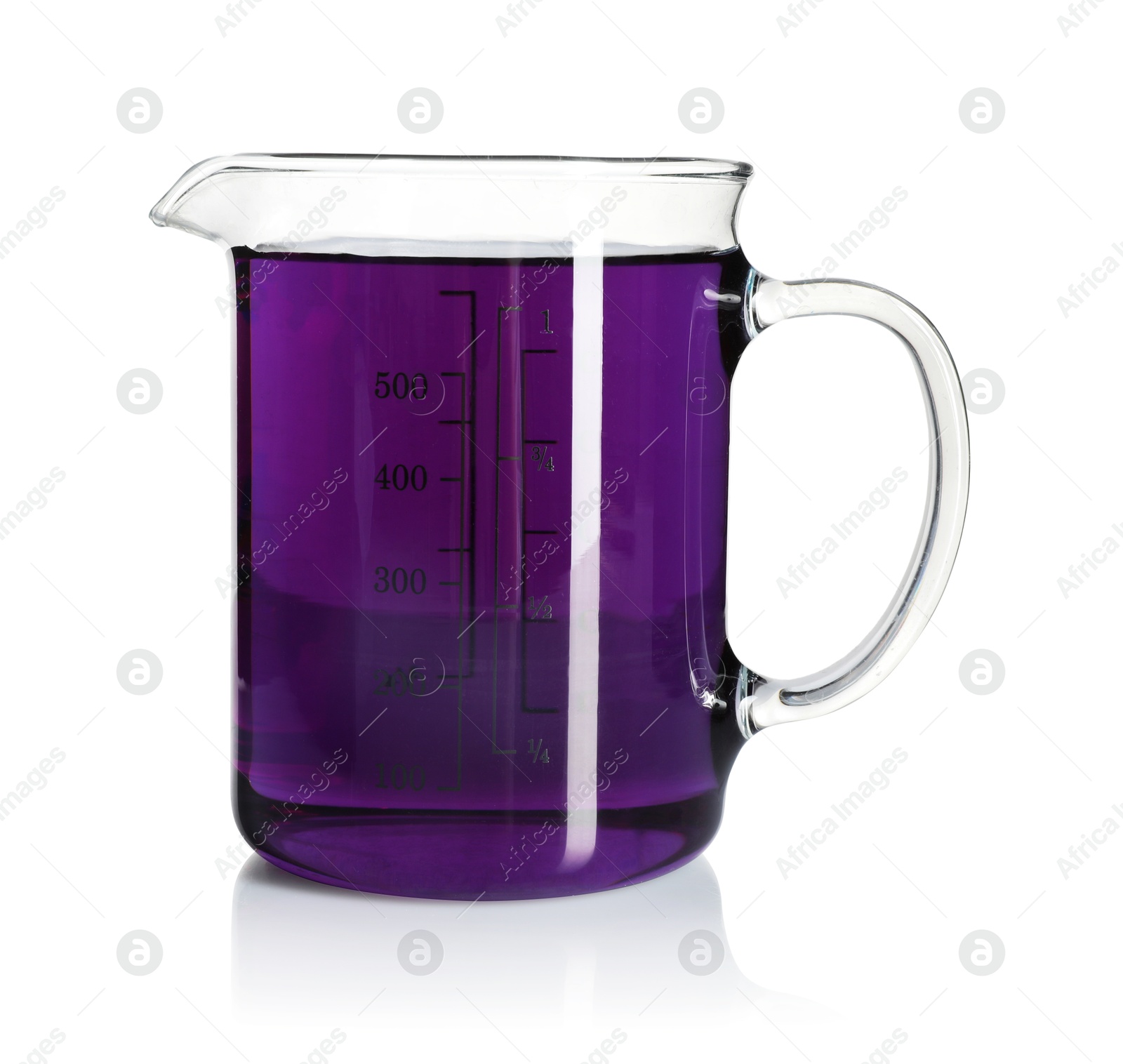 Photo of Beaker with violet liquid isolated on white