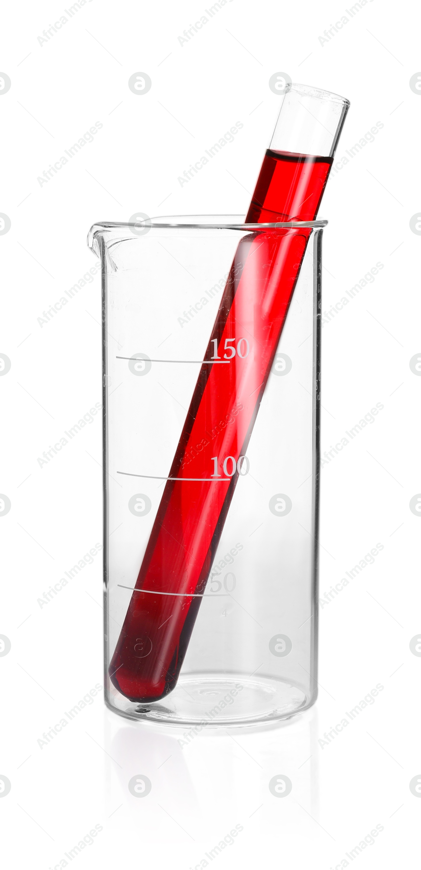 Laboratory glassware with pink liquid isolated on white Photo of Laboratory glassware with pink liquid isolated on white