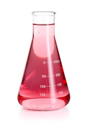 Photo of Conical flask with pink liquid isolated on white