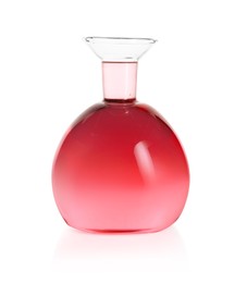 Photo of Round flask with pink liquid isolated on white