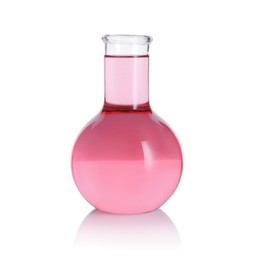 Photo of Round flask with pink liquid isolated on white