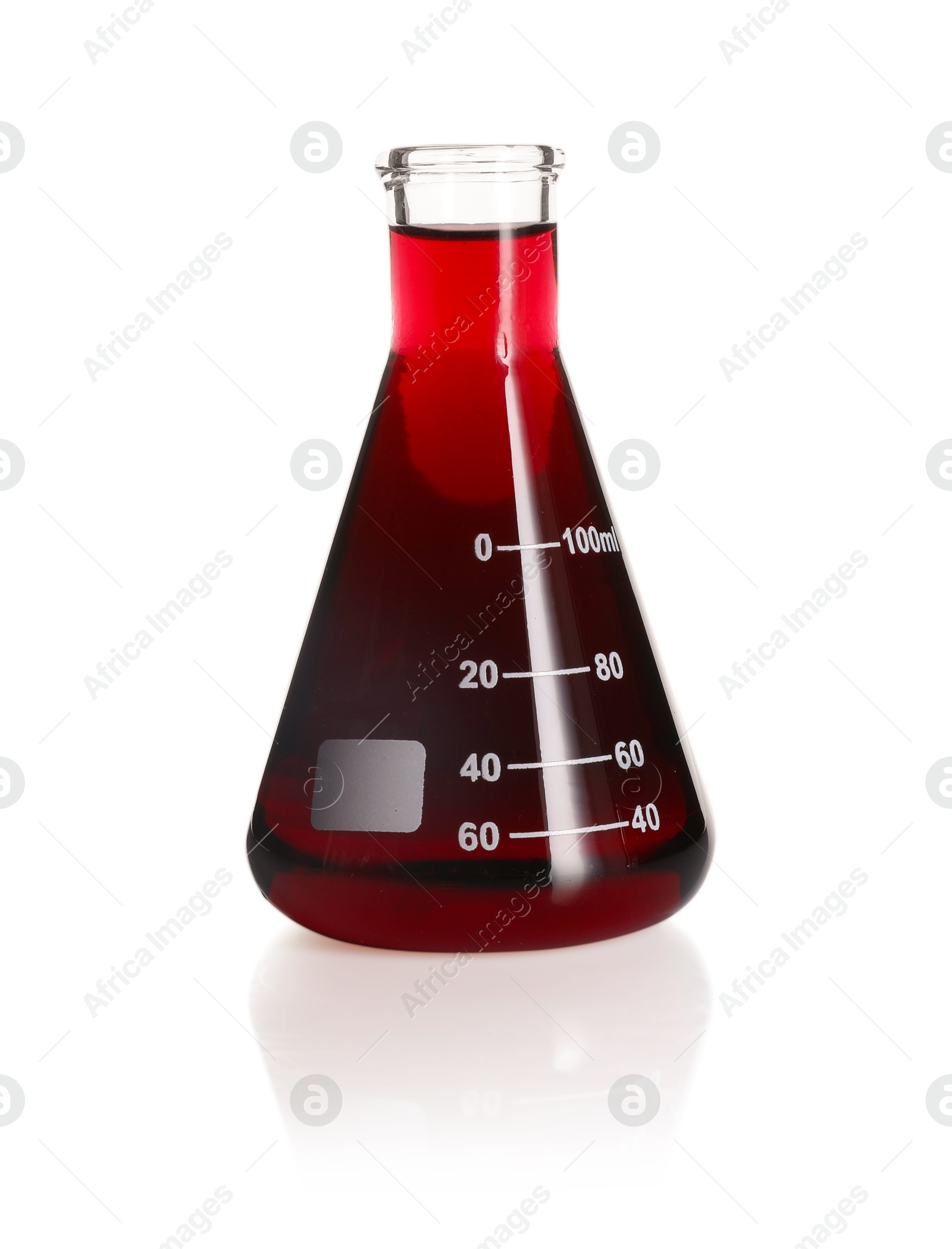 Conical flask with red liquid isolated on white Photo of Conical flask with red liquid isolated on white