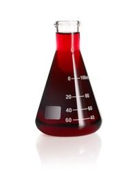 Photo of Conical flask with red liquid isolated on white