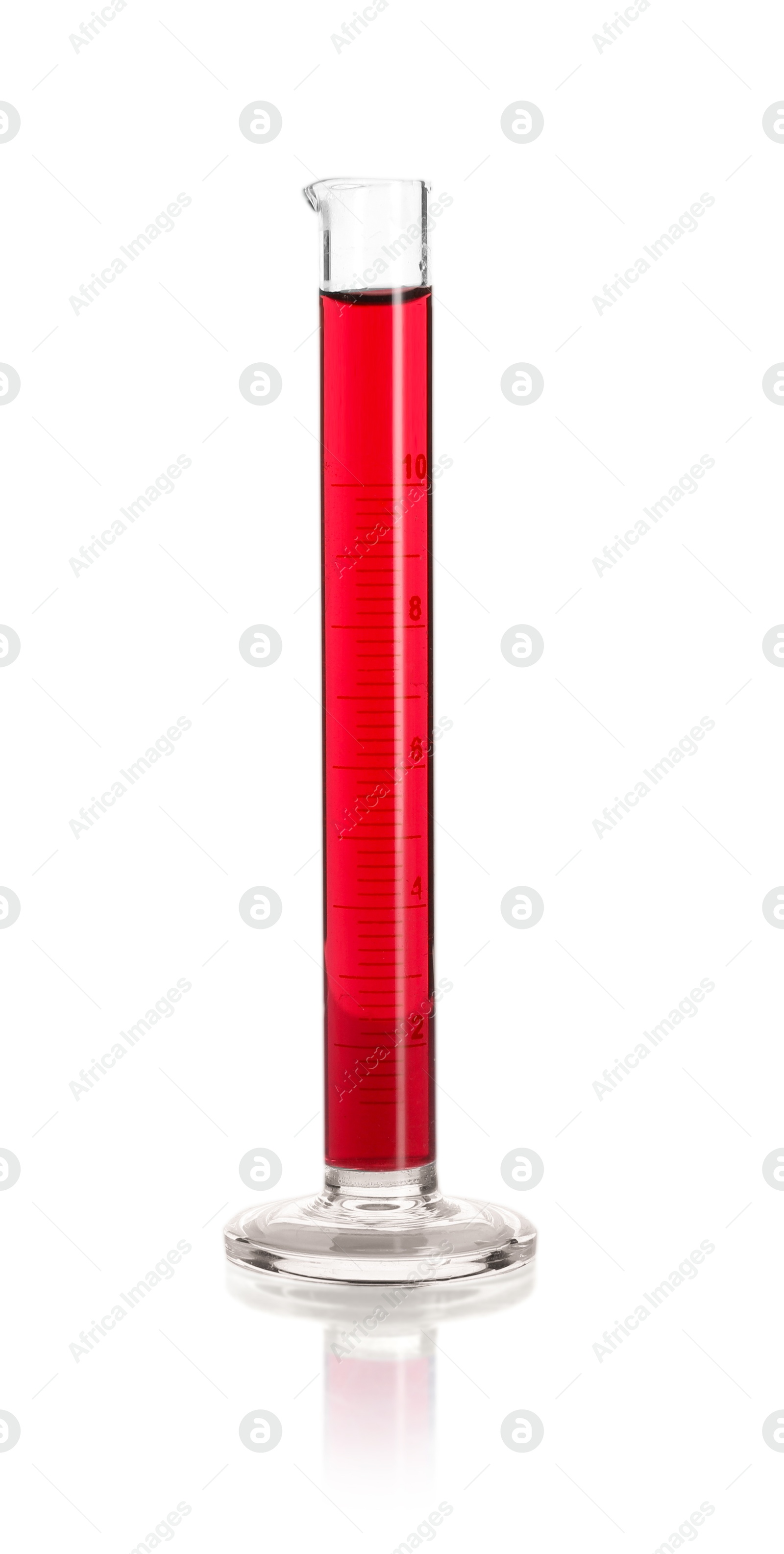 Graduated cylinder with red liquid isolated on white Photo of Graduated cylinder with red liquid isolated on white