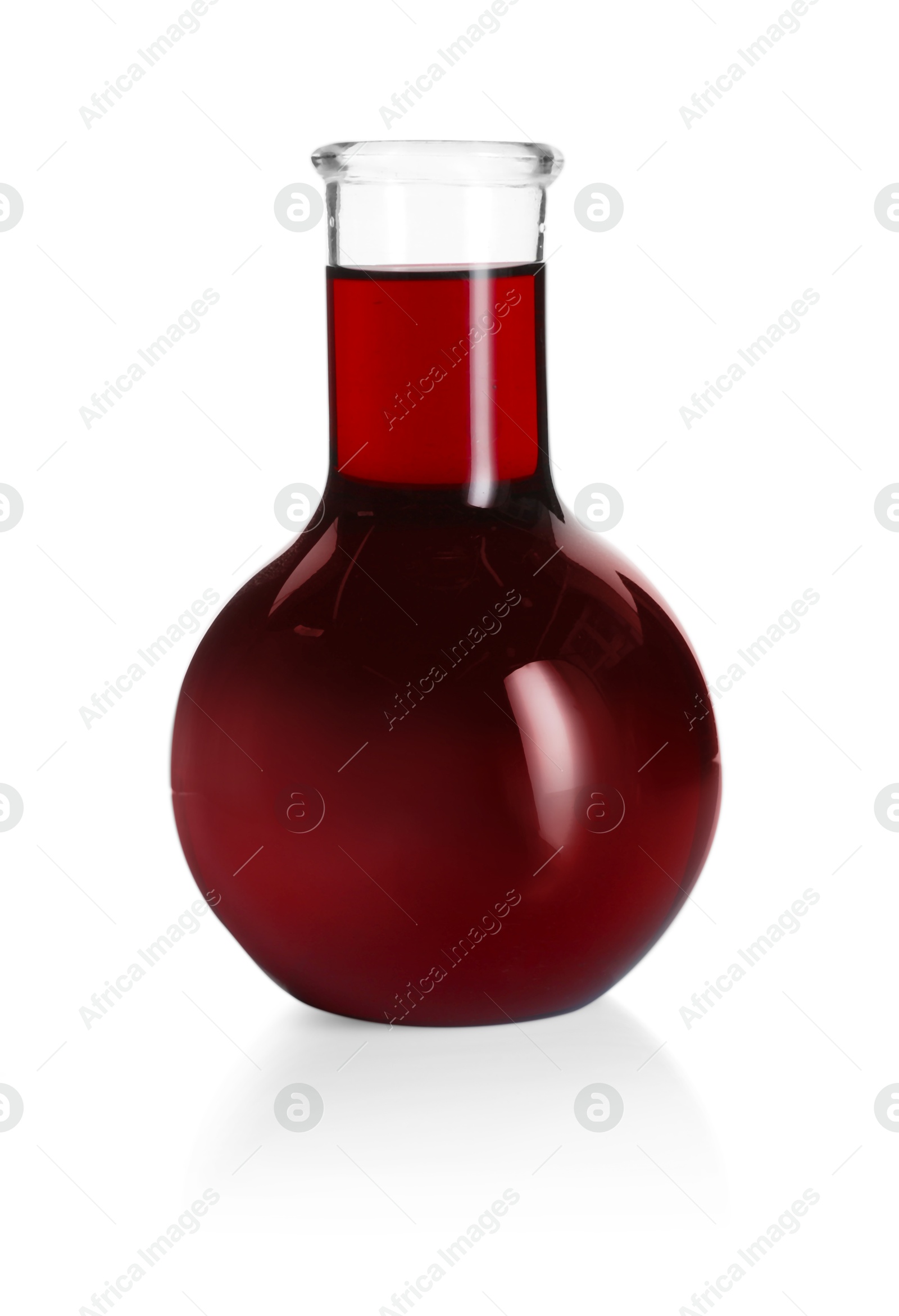 Round flask with red liquid isolated on white Photo of Round flask with red liquid isolated on white