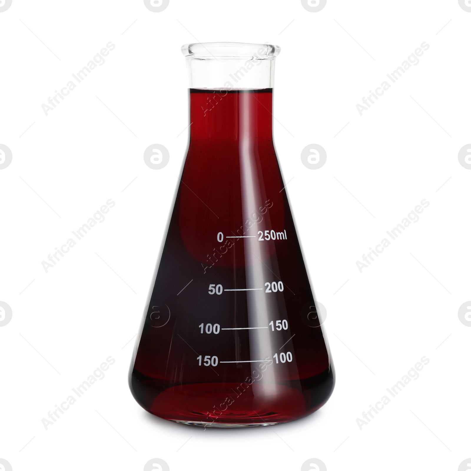 Conical flask with red liquid isolated on white Photo of Conical flask with red liquid isolated on white