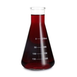 Photo of Conical flask with red liquid isolated on white