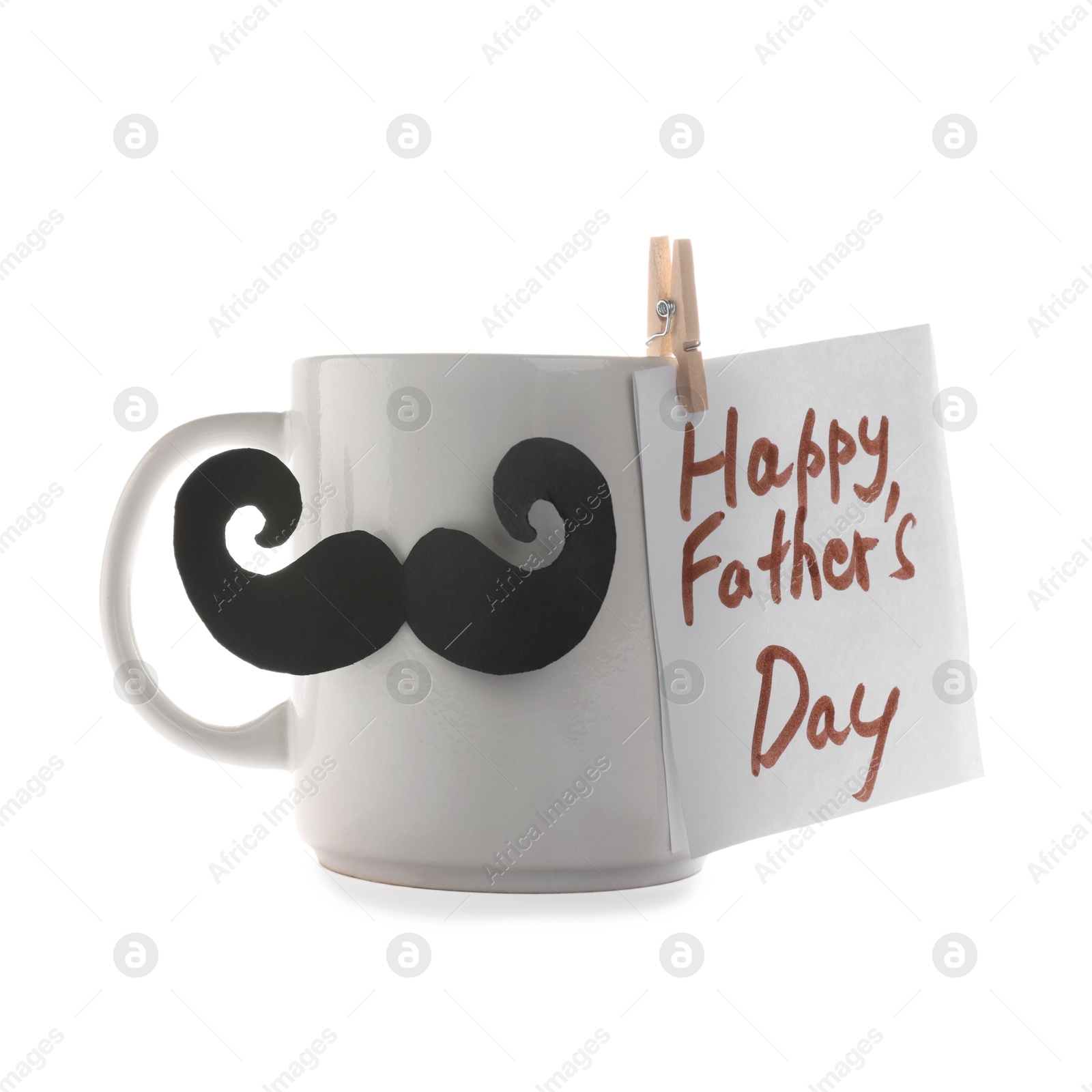 Happy Father's Day card and cup with mustache isolated on white Photo of Happy Father's Day card and cup with mustache isolated on white