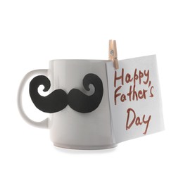 Photo of Happy Father's Day card and cup with mustache isolated on white
